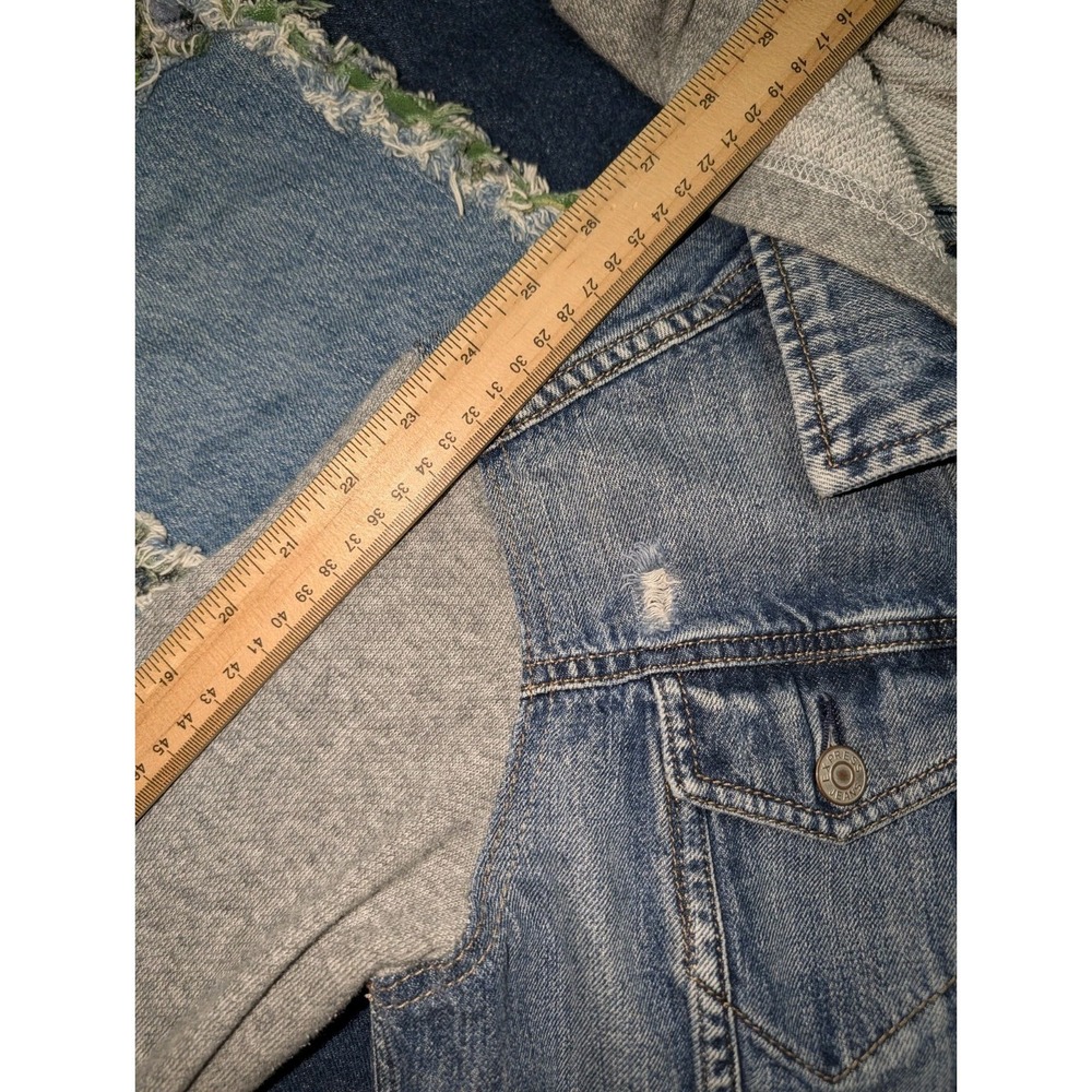 Express Jeans Denim Jacket Hoodie Womens Medium Blue Trucker Distressed Biker - Picture 5 of 6